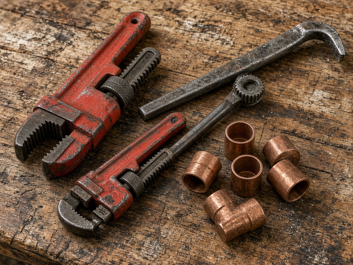Pipe wrenches and copper fittings on a workbench (illustrative photo)