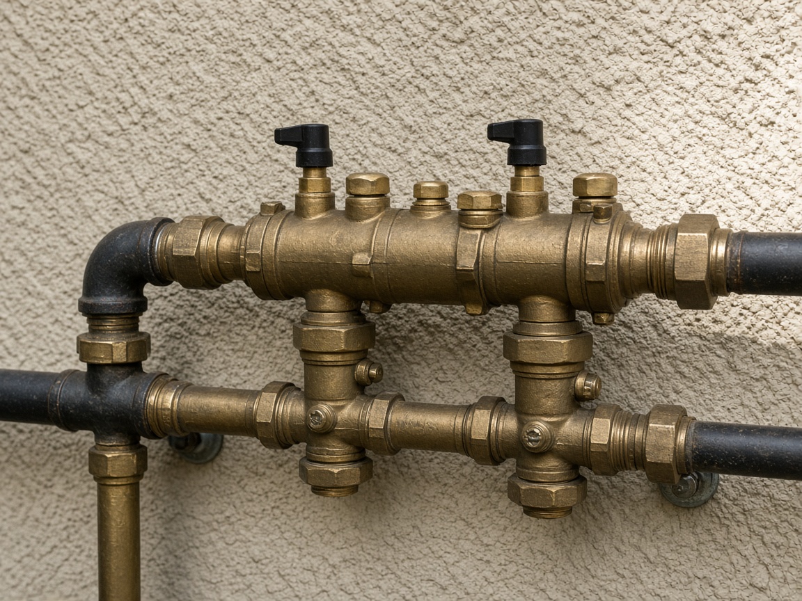 Disassembled brass valve components on a workbench (illustrative stock photo)