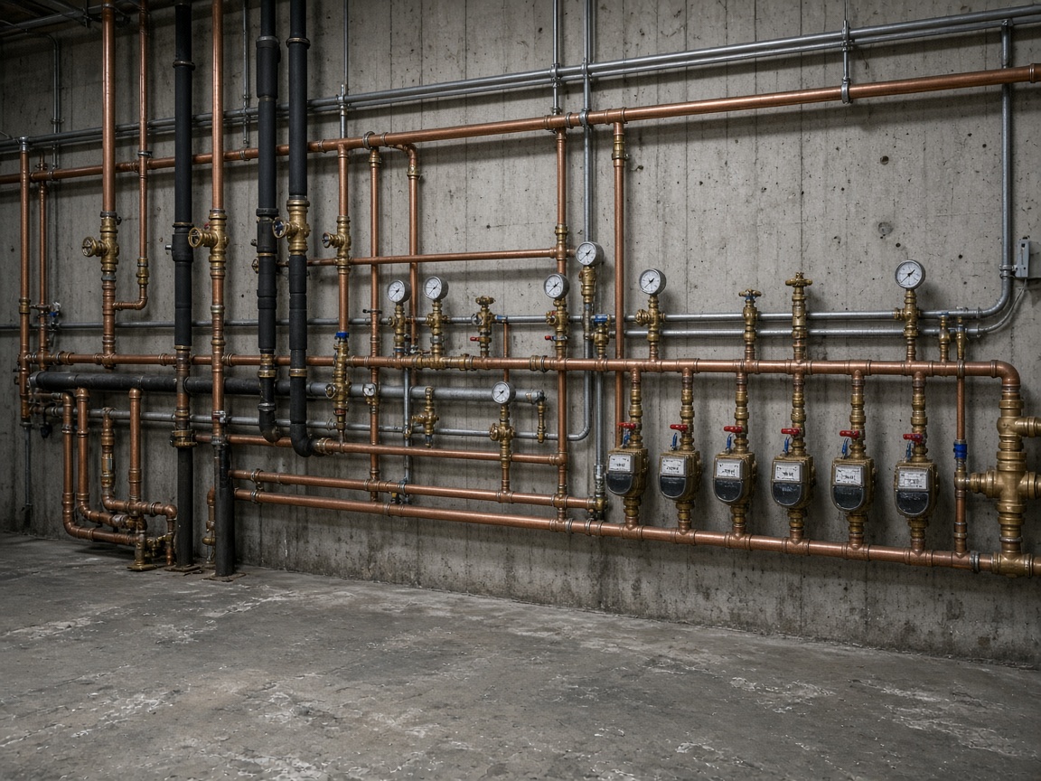 Commercial utility room with meters, valves, and copper piping (illustrative photo)