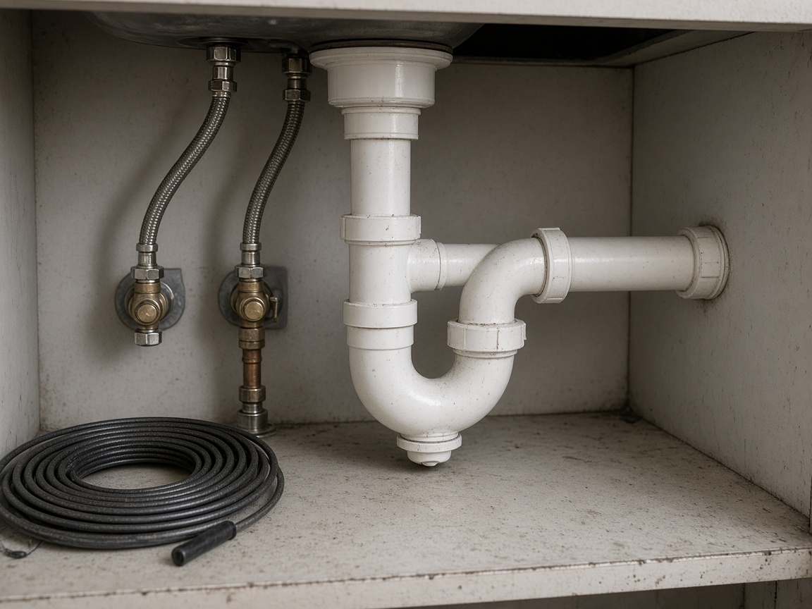 Under-sink drain pipes and supply lines (illustrative stock photo)