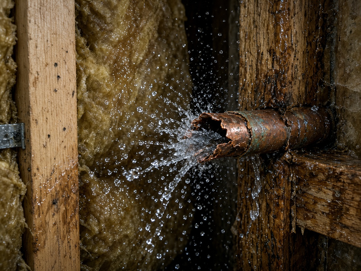 Burst copper pipe spraying water (illustrative photo)