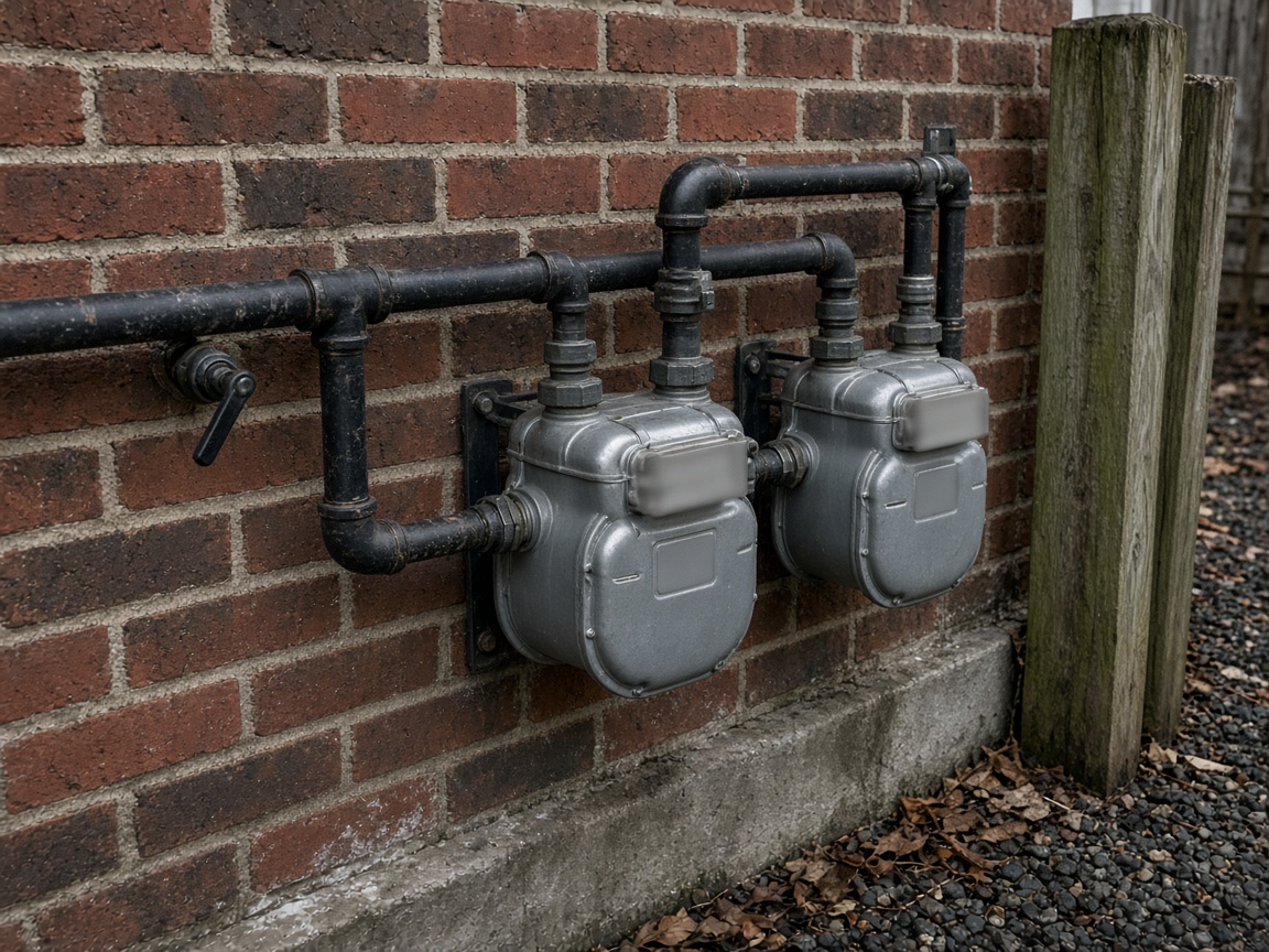 Outdoor gas meters and piping (illustrative stock photo)