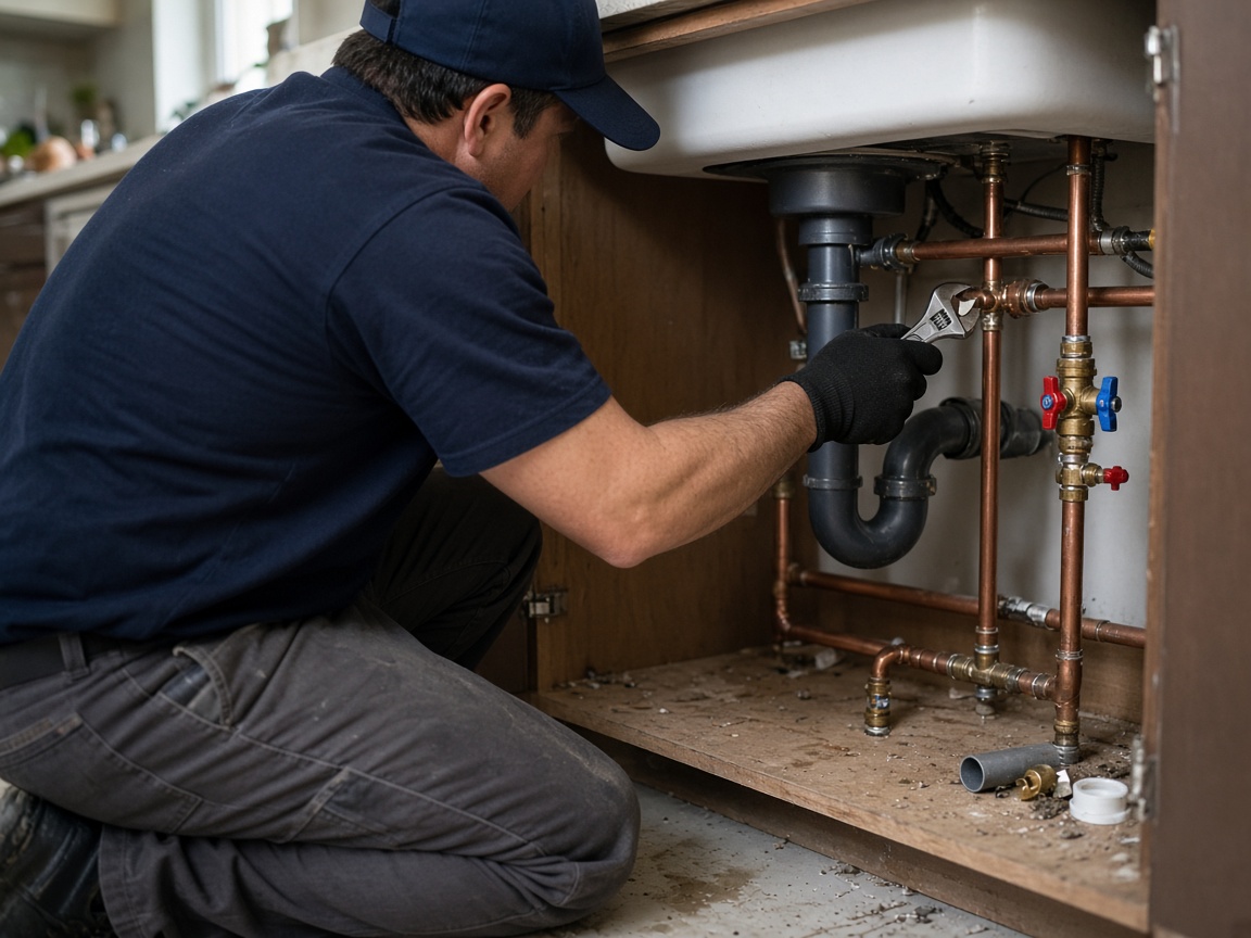 Plumber working on copper supply lines under a kitchen sink (illustrative photo)