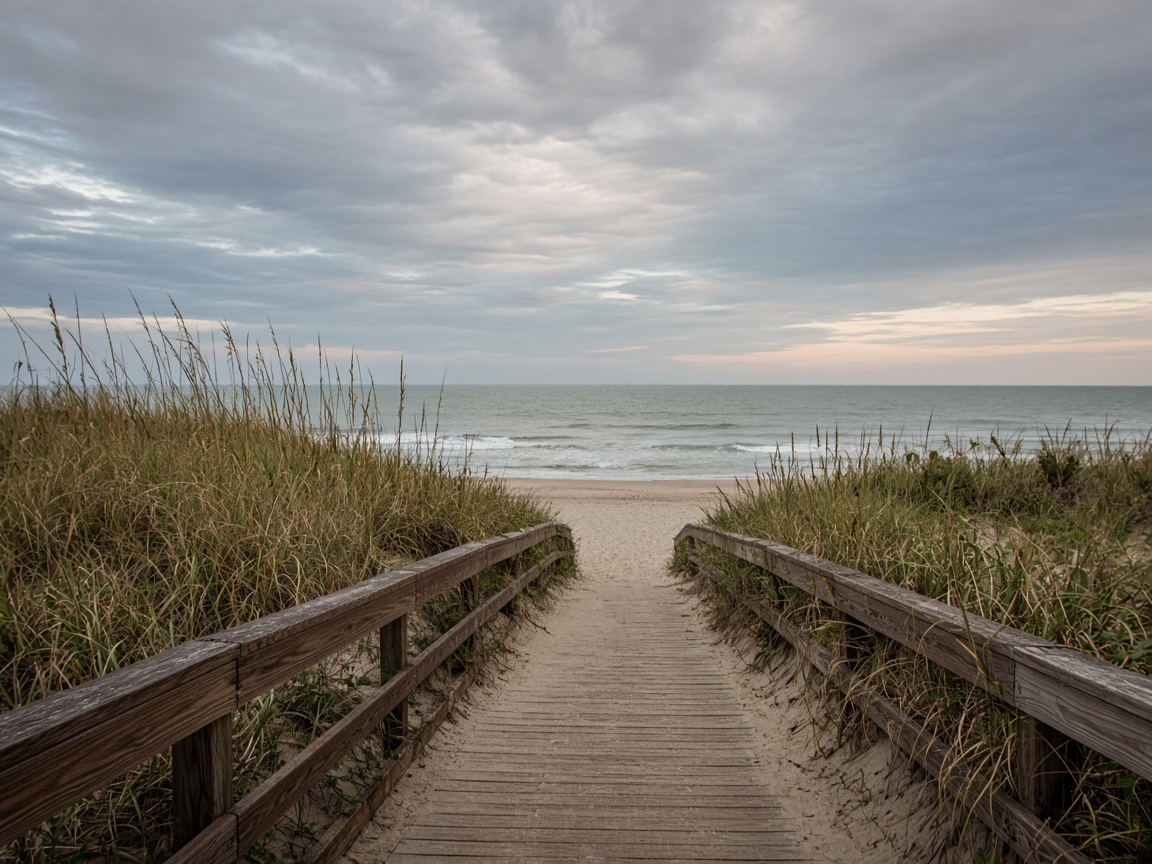 Wooden boardwalk through coastal dunes at Virginia Beach at dusk