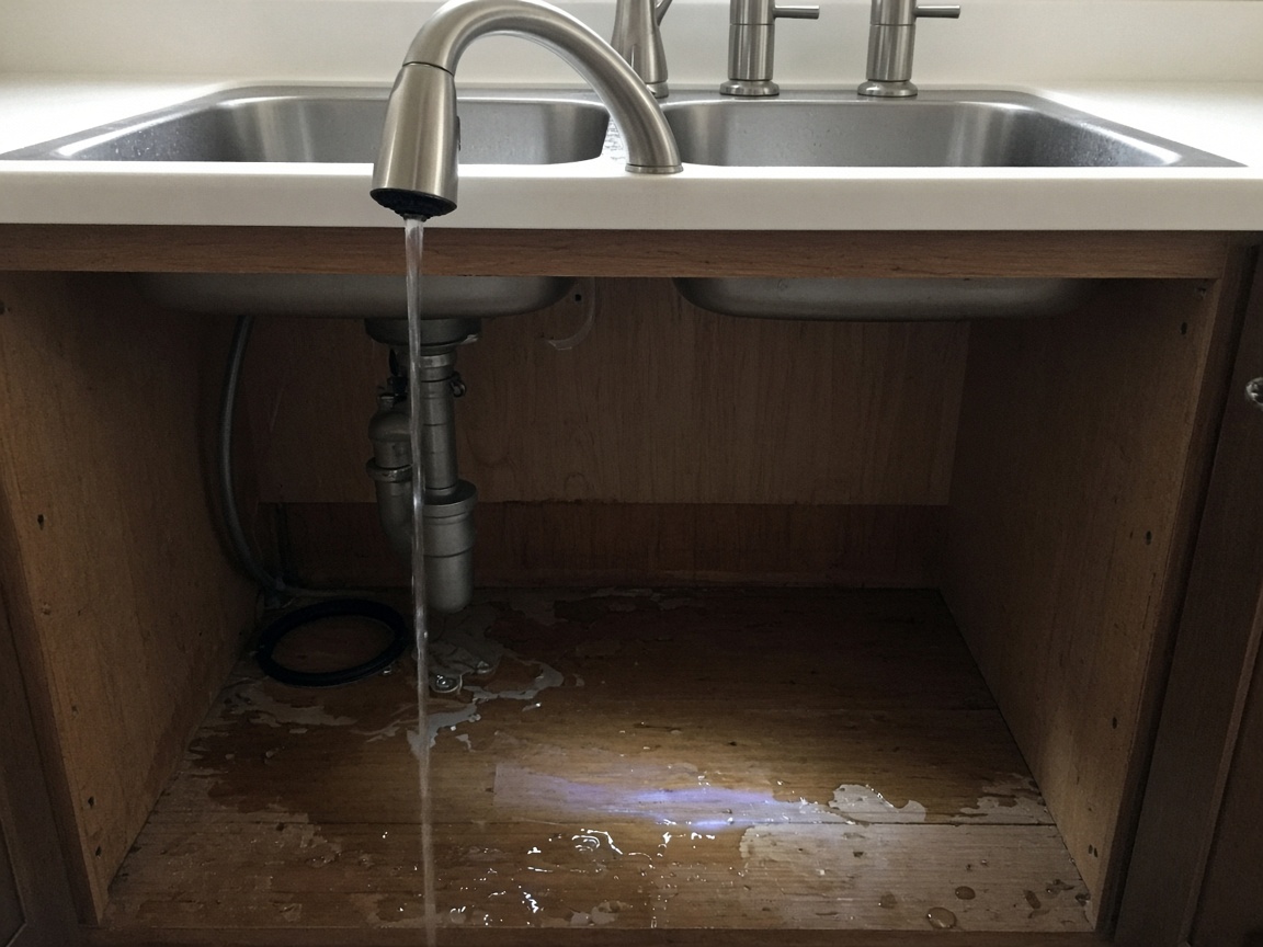 Kitchen faucet and sink for fixture and leak context (illustrative stock photo)