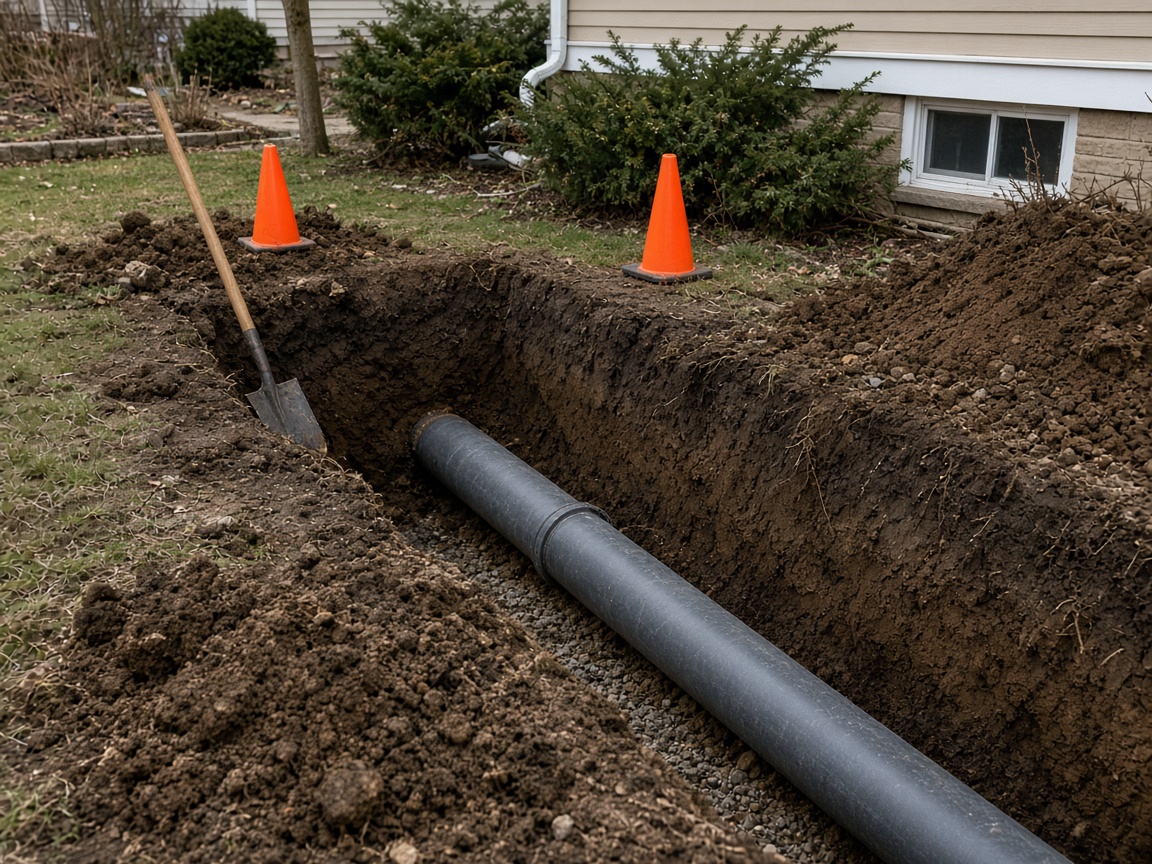 Exposed sewer pipes in an excavated trench (illustrative stock photo)