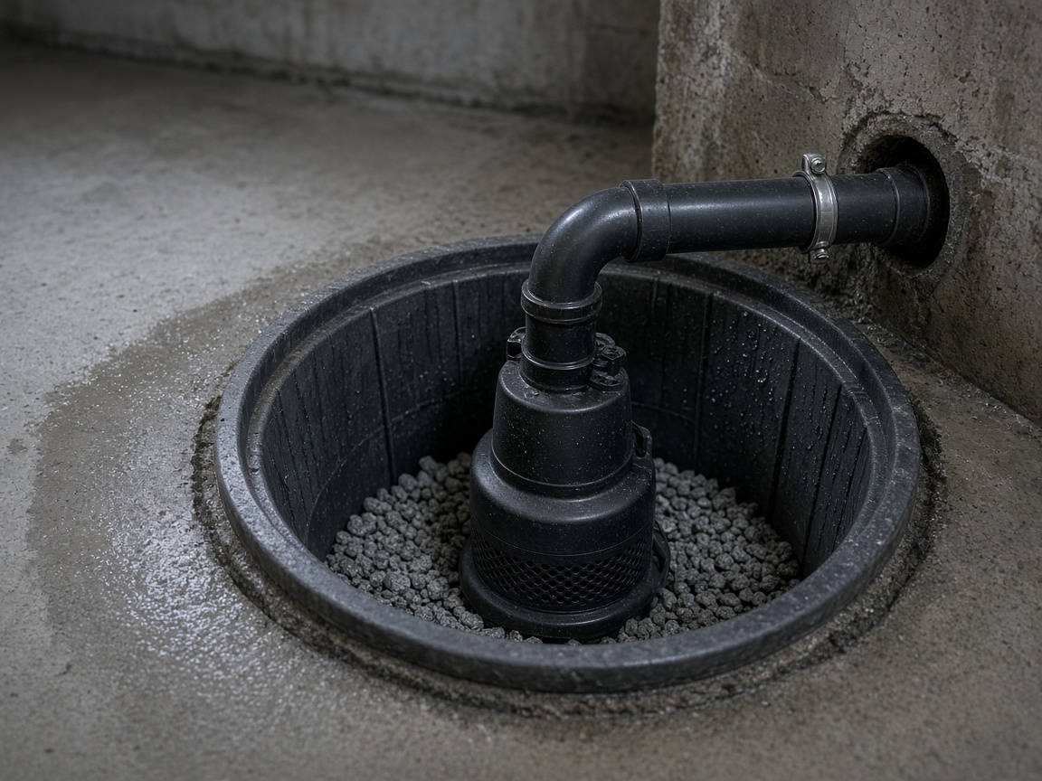 Basement sump pump pit and discharge pipe (illustrative stock photo)