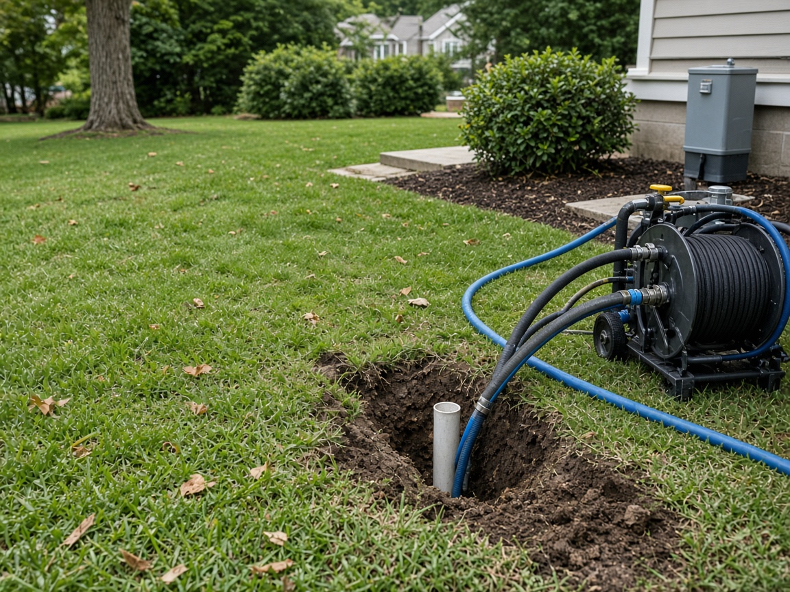 Plumber working on pipes in an opened floor trench (illustrative stock photo)